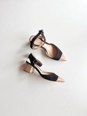 SCHUTZ Black Suede Tan Leather Pointed Cap Toe Jute Block Heel Sandals, Size 5.5